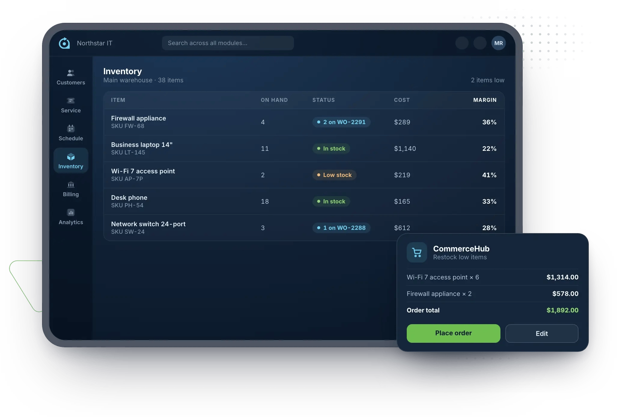 Rev.io inventory: stock on hand, items allocated to work orders, low-stock alerts, cost and margin by item, and a CommerceHub restock order ready to place