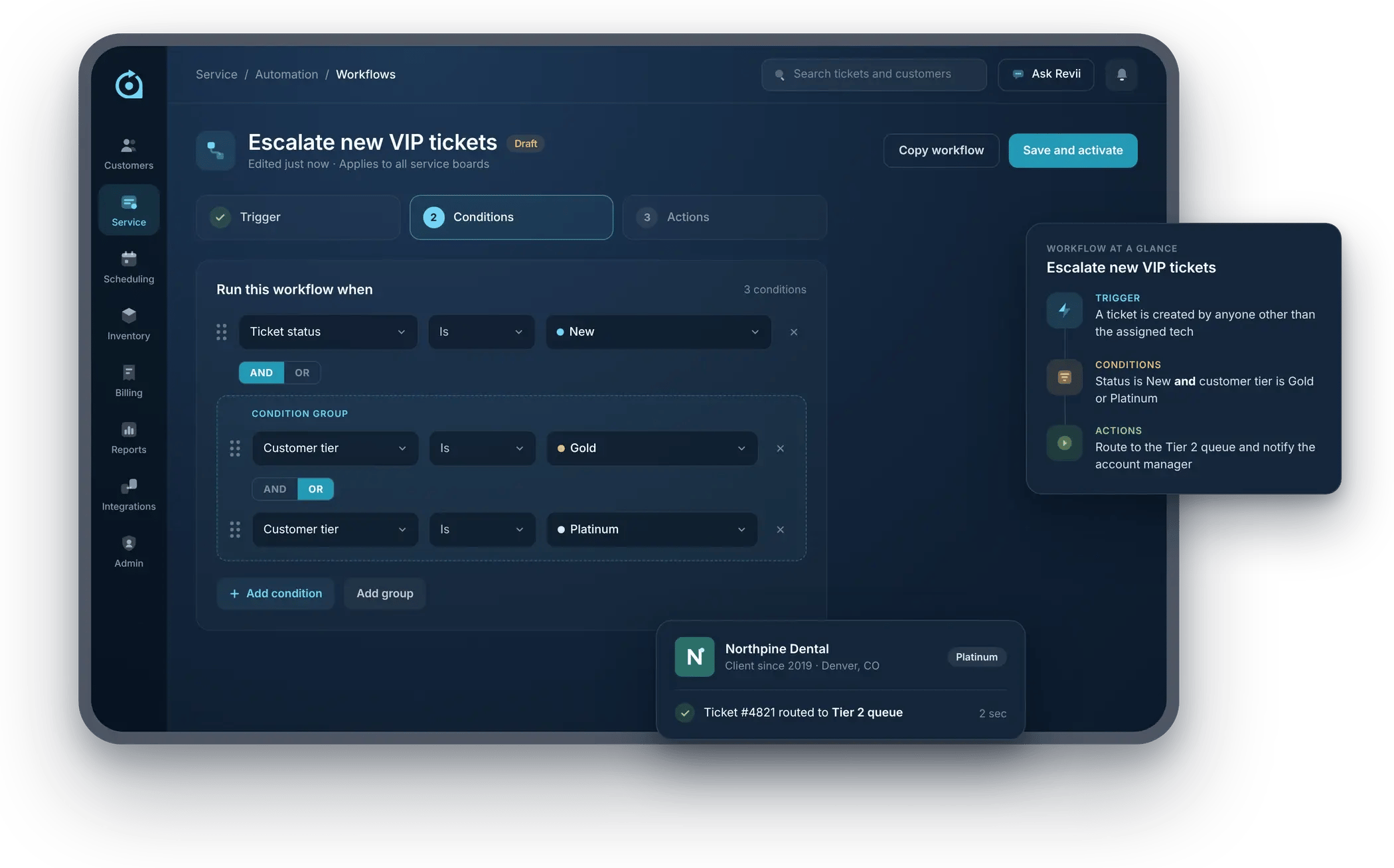 Rev.io workflow builder with Ask Revii: an Escalate new VIP tickets workflow with a trigger, AND/OR conditions on ticket status and Gold or Platinum client tier, a workflow-at-a-glance summary, and Northpine Dental’s ticket #4821 routed to the Tier 2 queue in 2 seconds