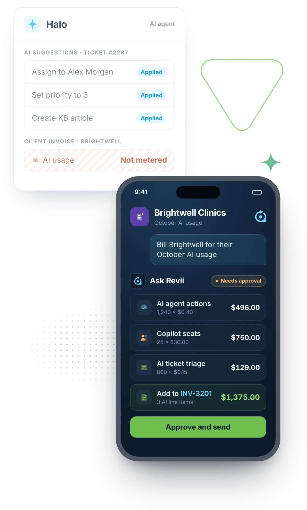 Halo vs Revii: Halo’s AI agent applies ticket suggestions but leaves client AI usage unmetered, while Ask Revii bills Brightwell Clinics $1,375.00 for October AI usage, ready to approve and send