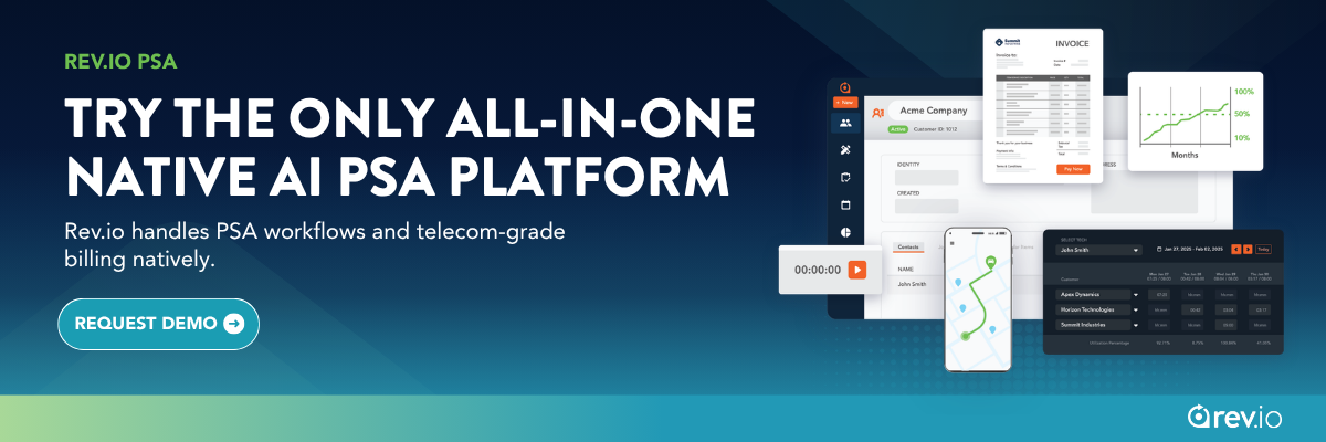 Rev.io CTA banner: try the only all-in-one native AI PSA platform that handles PSA workflows and telecom-grade billing natively
