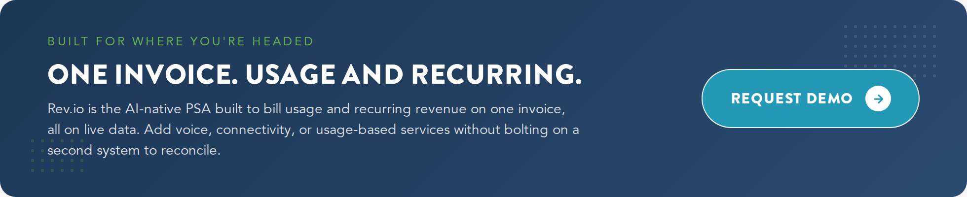 Rev.io CTA banner: one invoice for usage and recurring, Rev.io is the AI-native PSA built to bill usage and recurring revenue together on live data