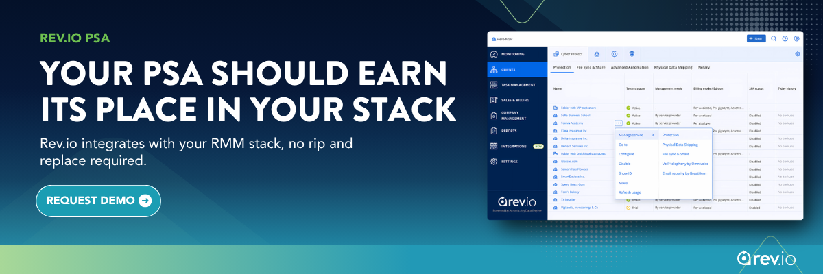 Rev.io CTA banner: ready to close the PSA plus RMM loop, book a demo of integrated PSA RMM workflows