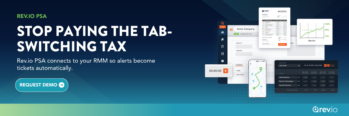 Rev.io PSA RMM integration CTA banner: stop paying the tab-switching tax, connect your RMM and PSA with full ticket context