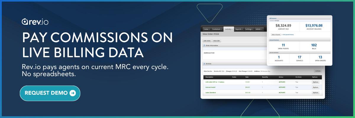 Rev.io telecom billing platform CTA banner: pay agent commissions on live MRC billing data, no spreadsheets, automated MSP billing automation