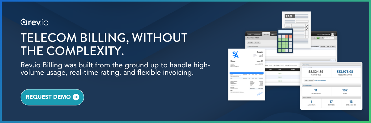 Rev.io telecom billing platform CTA banner built for high-volume usage, real-time rating, and flexible invoicing for MSP billing automation