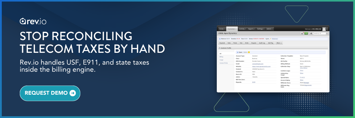 Rev.io CTA banner: your PSA should be built to handle telecom tax with USF, E911, and state tax compliance native