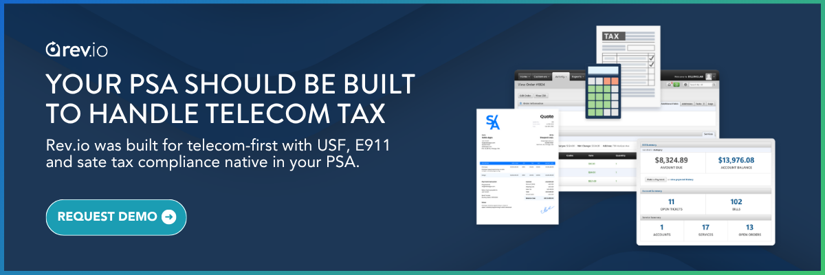 Rev.io telecom billing platform CTA: stop reconciling telecom taxes by hand, Rev.io handles USF, E911, and state taxes inside the billing engine