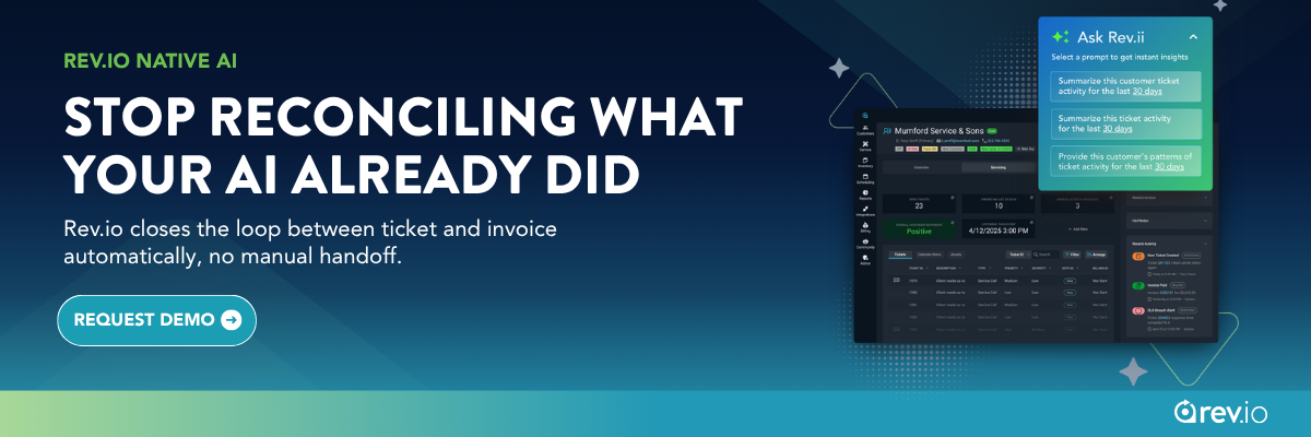 Rev.io native AI CTA banner: stop reconciling what your AI already did, Rev.io closes the loop between ticket and invoice with no manual handoff