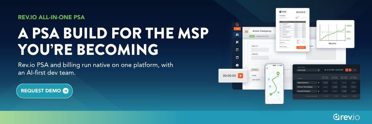 Rev.io all-in-one PSA CTA banner: a PSA built for the MSP you are becoming, with PSA and billing native on one platform and an AI-first dev team