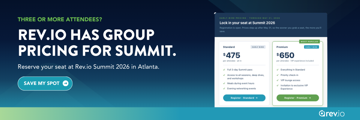 Rev.io Summit 2026 CTA banner: group pricing available for three or more attendees, reserve your team's seats at Rev.io Summit 2026 in Atlanta