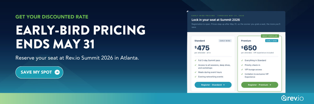 Rev.io Summit 2026 CTA banner: early-bird pricing through May 31, reserve your seat at Rev.io Summit 2026 in Atlanta with discounted Standard and Premium tickets