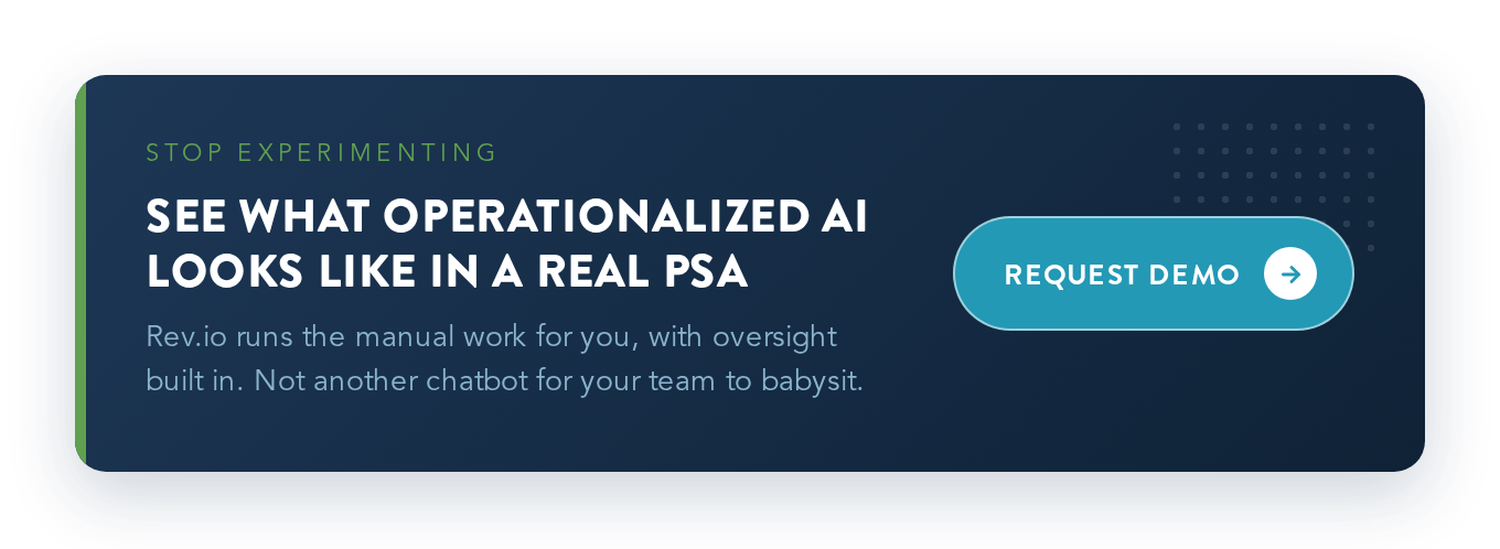 Rev.io AI-native PSA CTA banner: operationalize AI automation for MSPs on live billing and ticketing data, request a demo