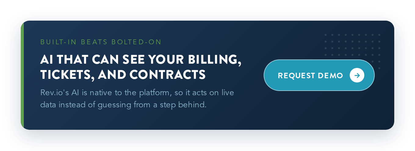 Rev.io built-in AI PSA CTA banner: automation that acts on your live data instead of overnight syncs, request a demo