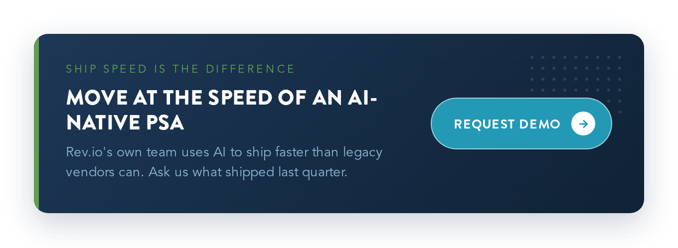 Rev.io AI-native PSA CTA banner for MSPs: a ship-fast platform that operationalizes AI automation, request a demo