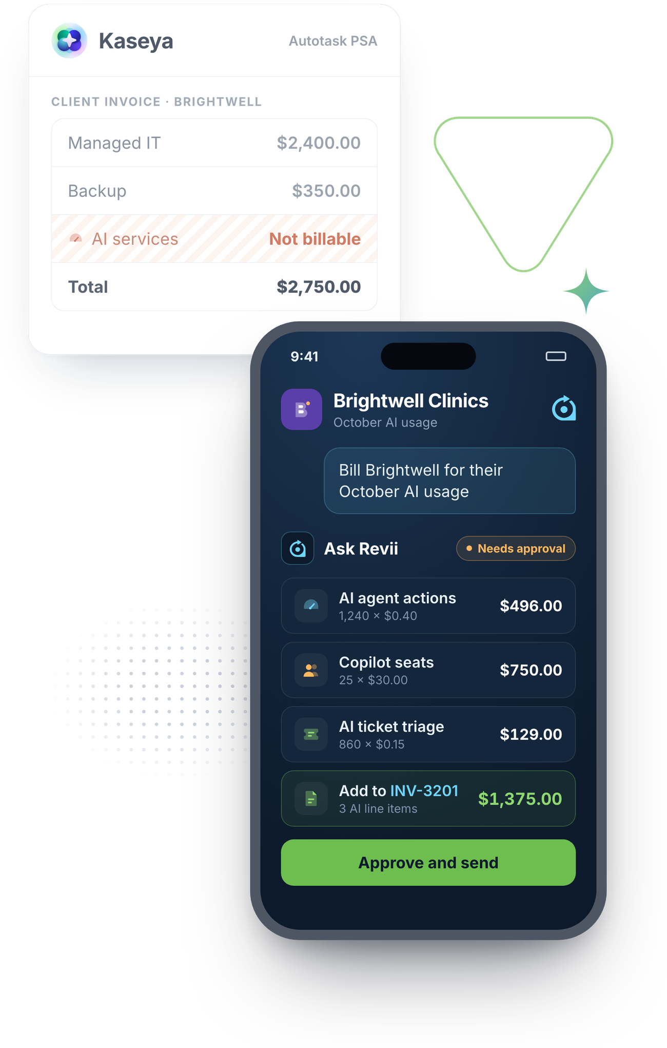 Kaseya Autotask client invoice marks AI services as not billable, while Revii on mobile adds three AI line items totaling $1,375 to the client invoice for approval